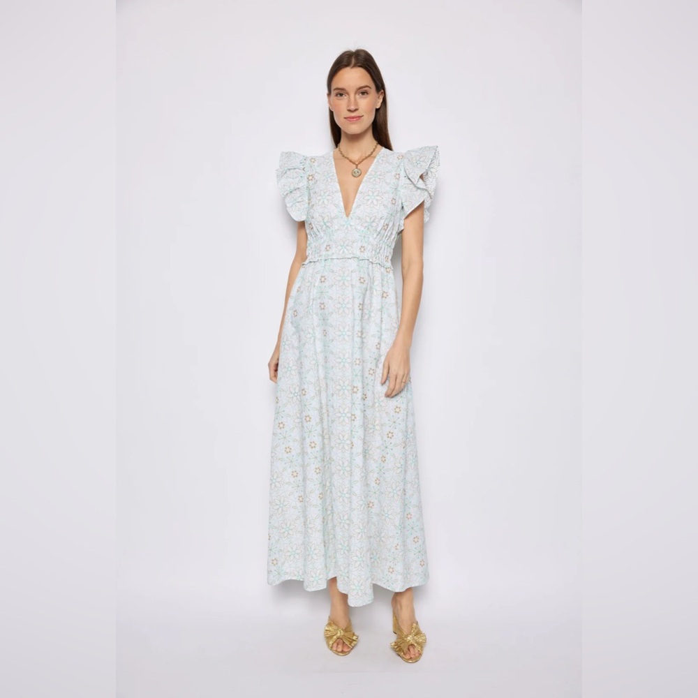 Sail to Sable Light Blue Floral Maxi Dress with Ruffle Shoulders
